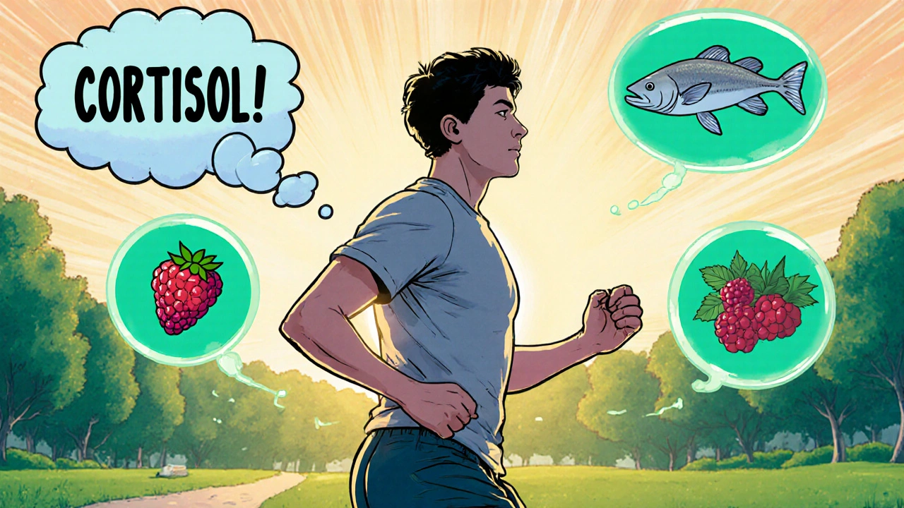 Person walking in park, cortisol bubbles shrinking, healthy foods glowing.