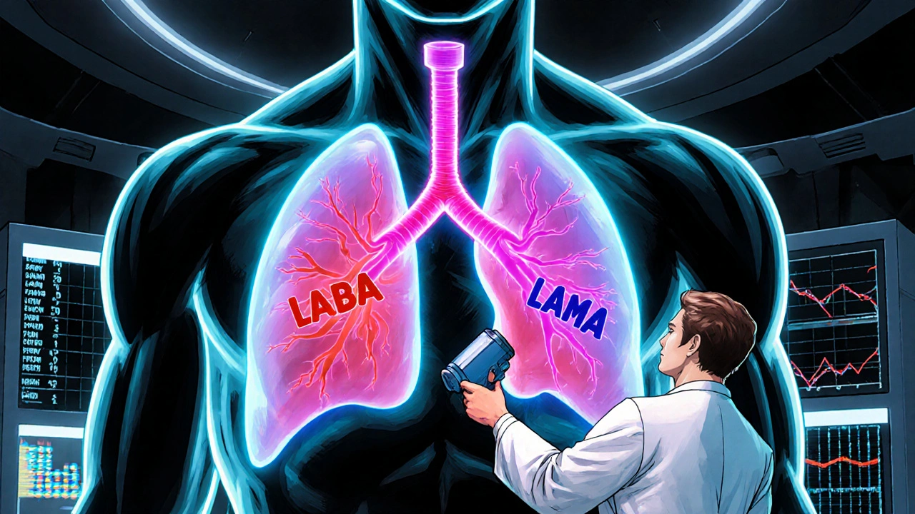 Scientist hero showing glowing lungs with red and purple energy beams from an inhaler in a futuristic lab.