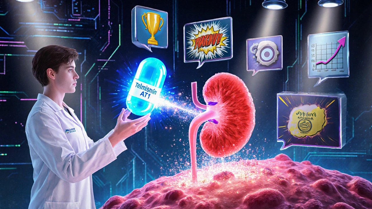 Scientist shows Telmisartan stopping Angiotensin‑II at kidney receptors.