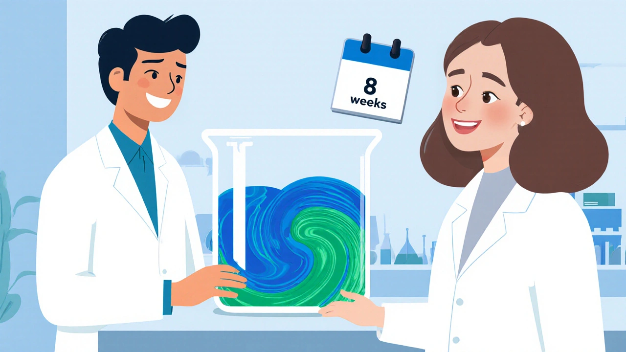 Scientists in a lab examining bile‑acid binding with a smiling woman silhouette nearby.