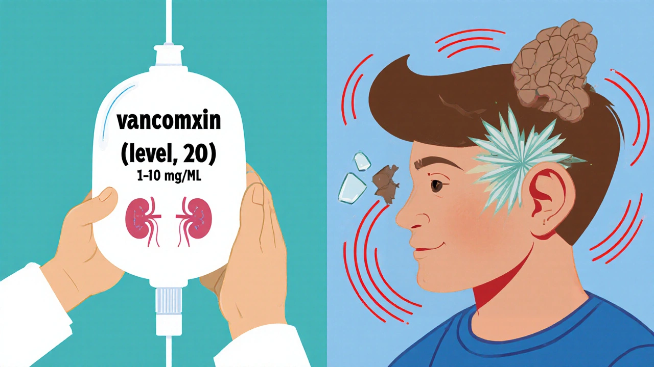 Split scene: safe vancomycin levels with healthy organs vs. toxic levels causing damage, in UPA cartoon style.