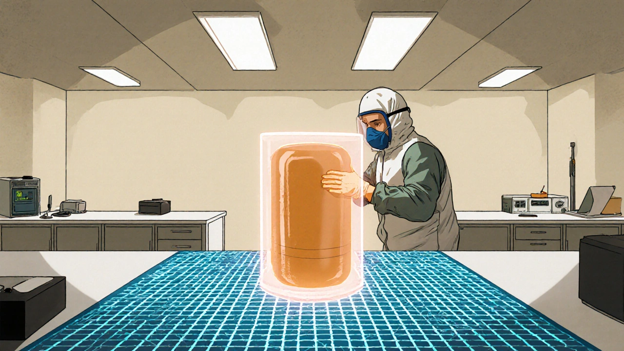 Technician examining a sealed PBX-9502 warhead in a modern lab.