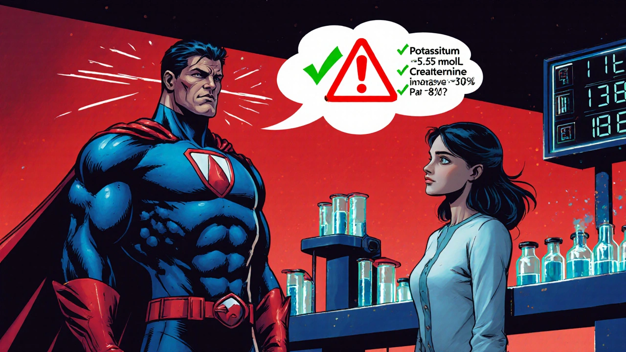 Telmisartan hero warns of side effects while patient monitors blood pressure and labs.