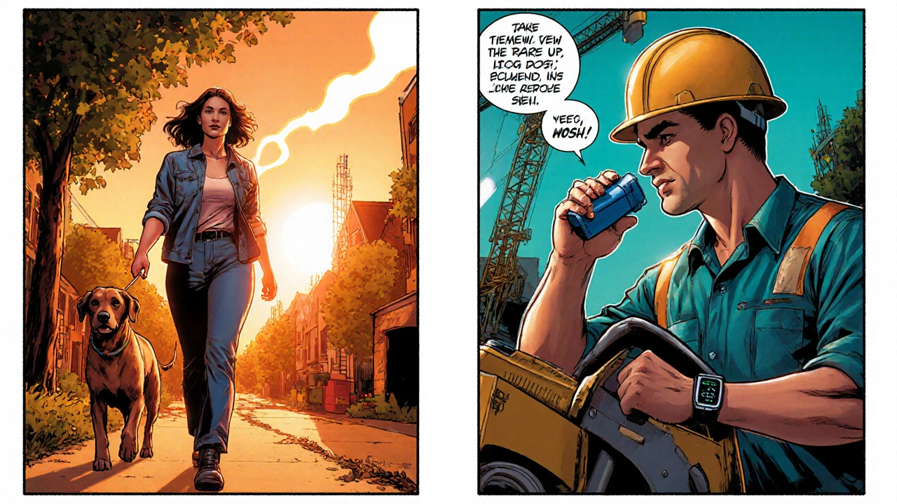 Two everyday heroes—a dog walker and a construction worker—using Airet inhalers, illustrated in dynamic comic panels.