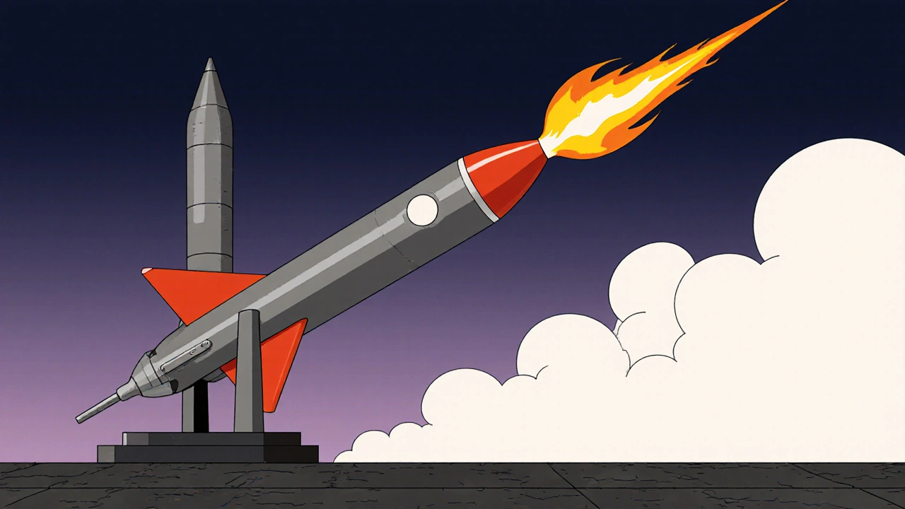 V-2 rocket launching at dusk with bright flame plume.