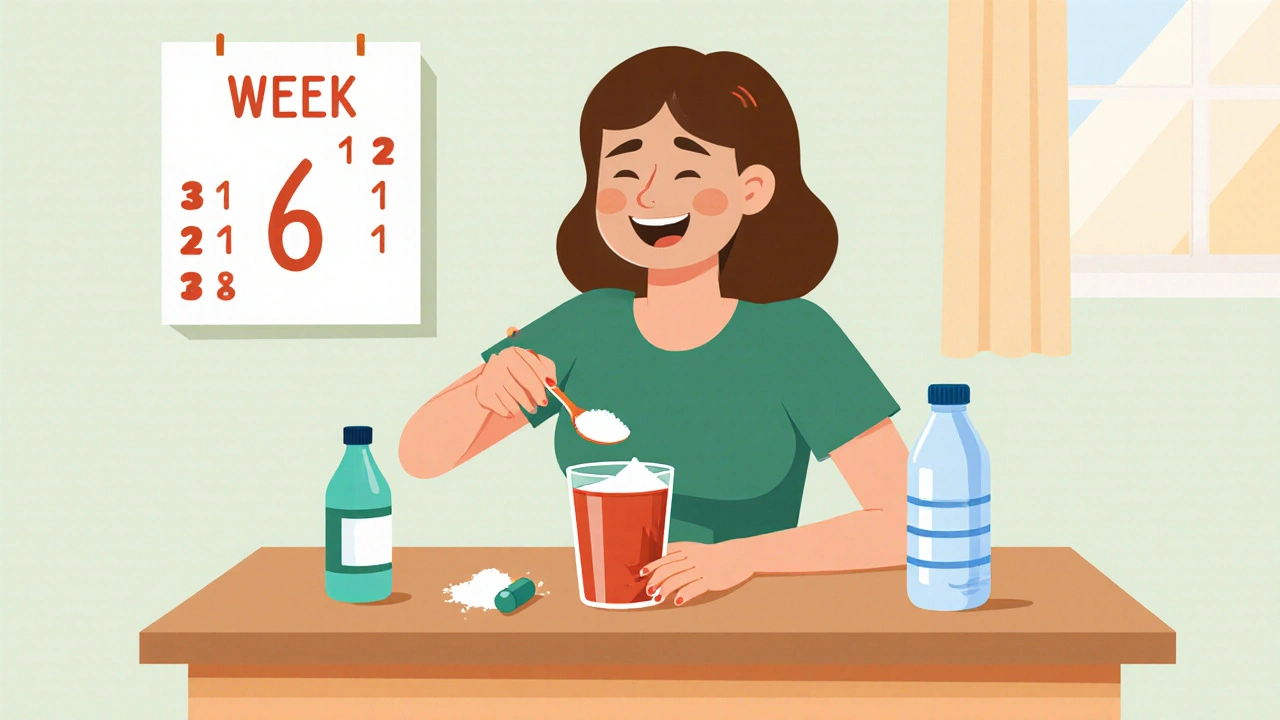 Woman mixing cholestyramine powder into juice at a kitchen table, calendar showing week 6.