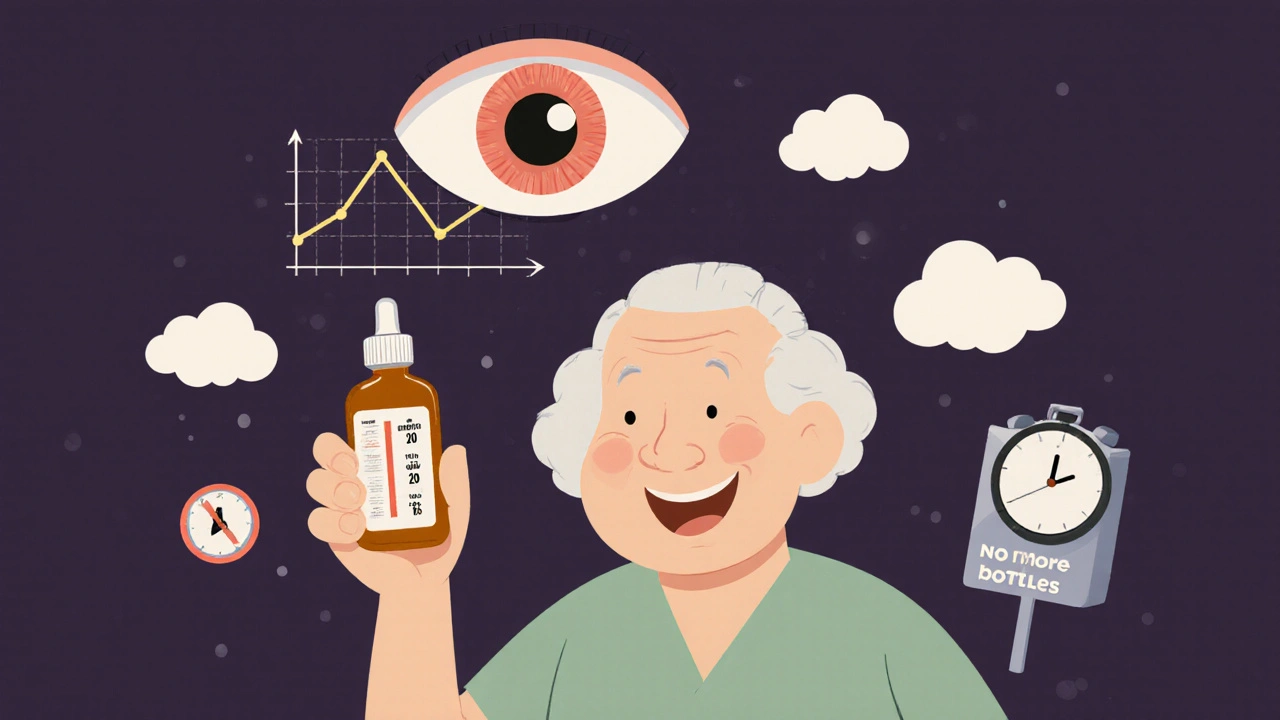 Elderly patient with cartoon eye showing pressure drop from 20 to 13 mmHg