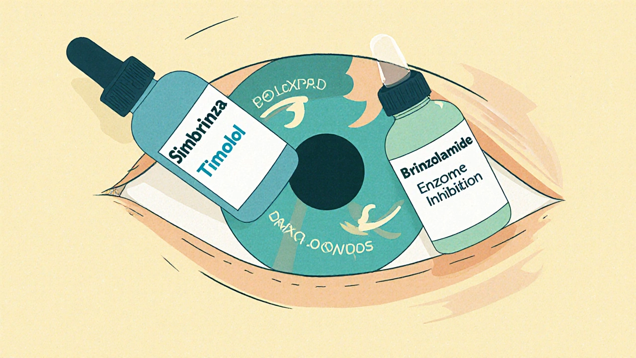 Two eye drops merging into one bottle labeled Simbrinza with eye pressure pathways
